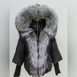 Women Brand New Coat White Duck Down Jacket S-L Real Silver Fox Fur With Hood